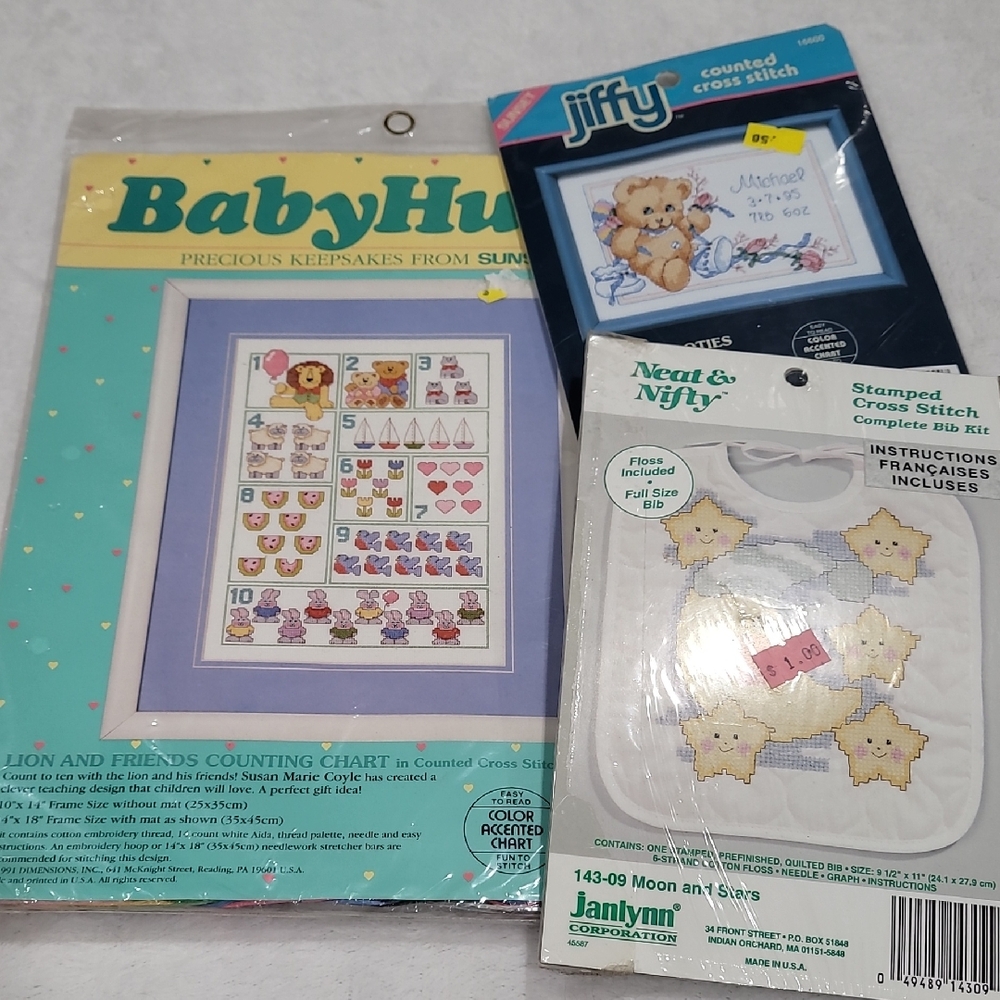New/Sealed Lot of BabyHugs, Jiffy, Janlynn for baby Cross Stitch Kits